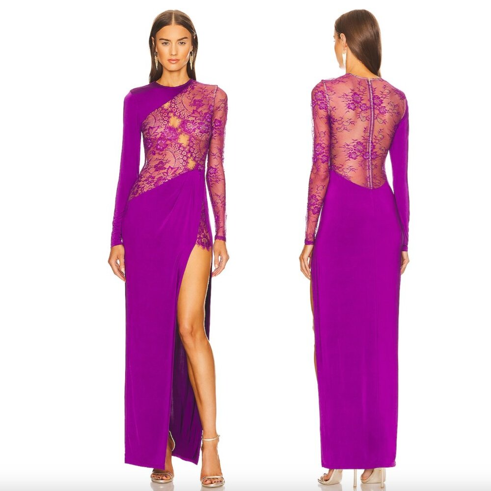Michael Costello X REVOLVE Hillary Gown in Purple Lace Long Sleeve Maxi Dress XS